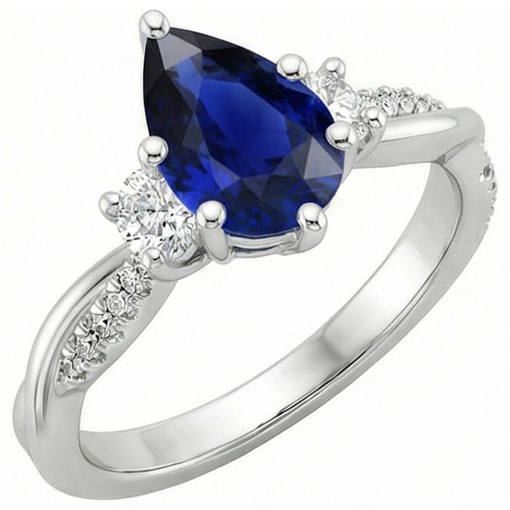Gold Gemstone Ring Pear Blue Sapphire & Round Natural Earth Mined Diamonds 5.50 Carats