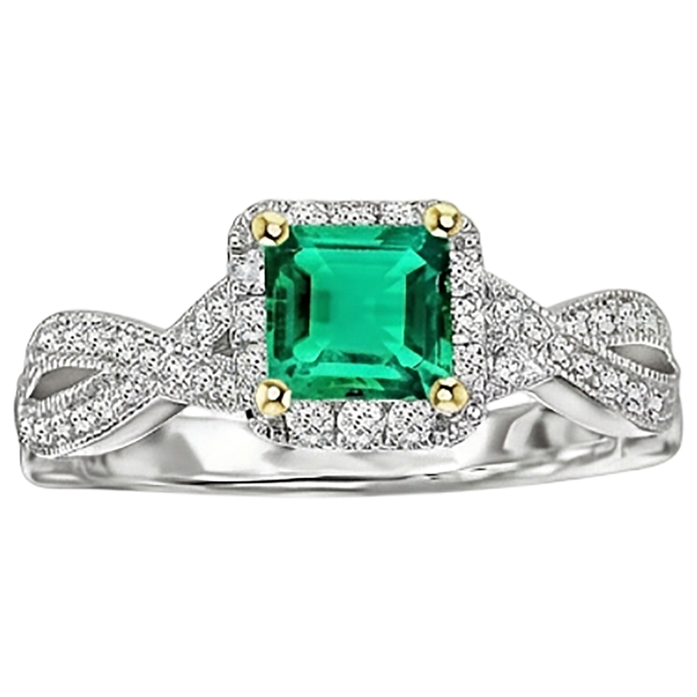 Princess Cut Emerald ring in 14 Karat Two Tone Gold – front view
