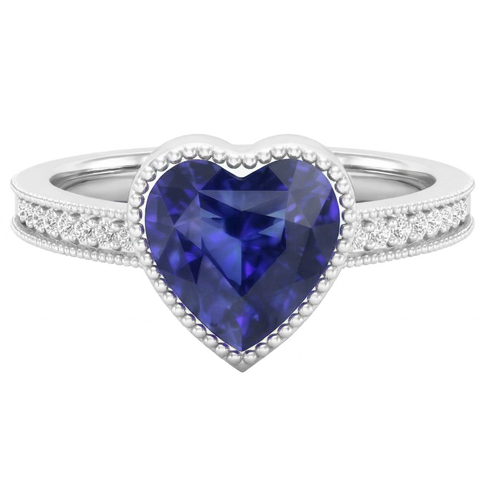 Gold Halo Bezel Set Heart Sri Lankan Sapphire Ring 2 Carats Natural Earth Mined Diamond ( Not Lab Grown )s