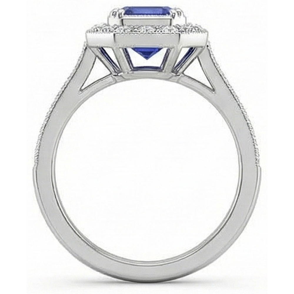 Gold Halo Emerald Shaped Sri Lankan Sapphire Natural Earth Mined Diamond ( Not Lab Grown ) Ring 3.50 Carats