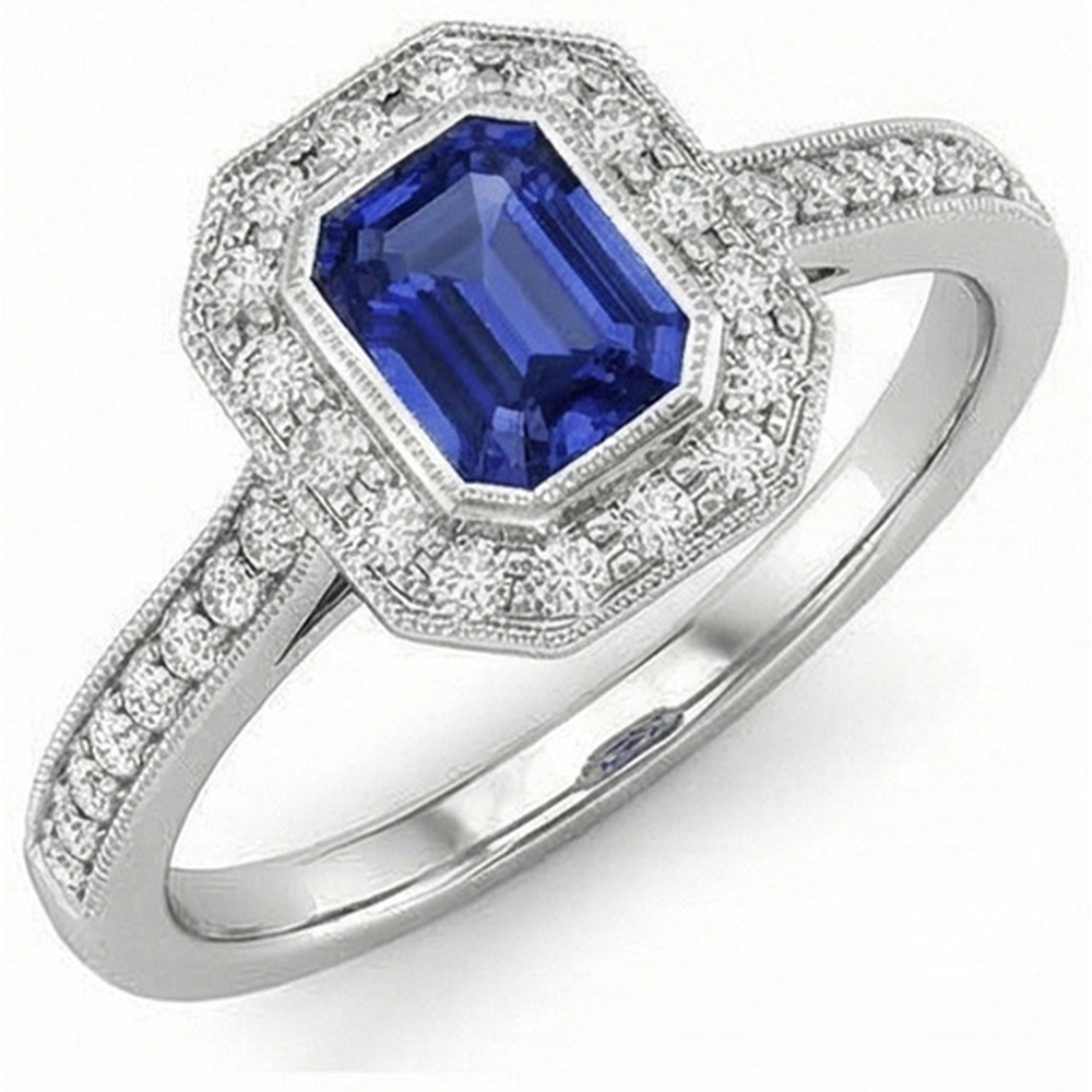 Gold Halo Emerald Shaped Sri Lankan Sapphire Natural Earth Mined Diamond ( Not Lab Grown ) Ring 3.50 Carats