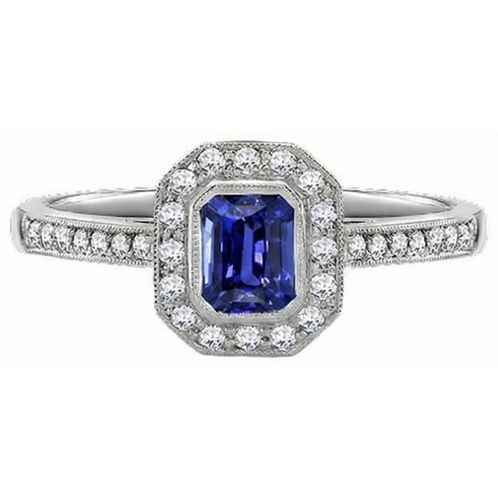 Gold Halo Emerald Shaped Sri Lankan Sapphire Natural Earth Mined Diamond ( Not Lab Grown ) Ring 3.50 Carats