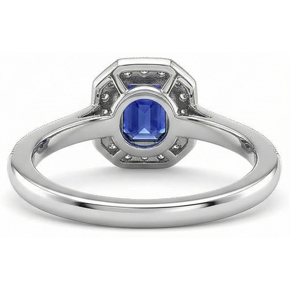 Gold Halo Emerald Shaped Sri Lankan Sapphire Natural Earth Mined Diamond ( Not Lab Grown ) Ring 3.50 Carats