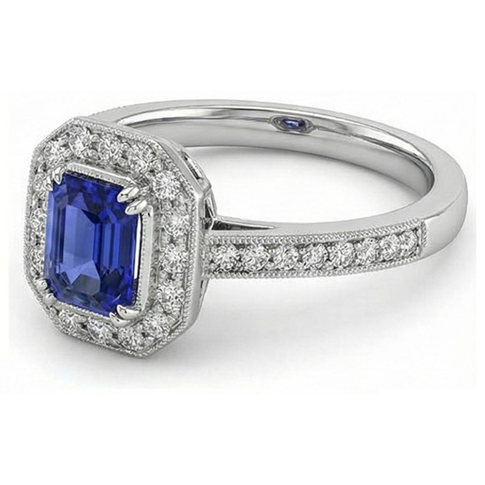 Gold Halo Emerald Shaped Sri Lankan Sapphire Natural Earth Mined Diamond ( Not Lab Grown ) Ring 3.50 Carats