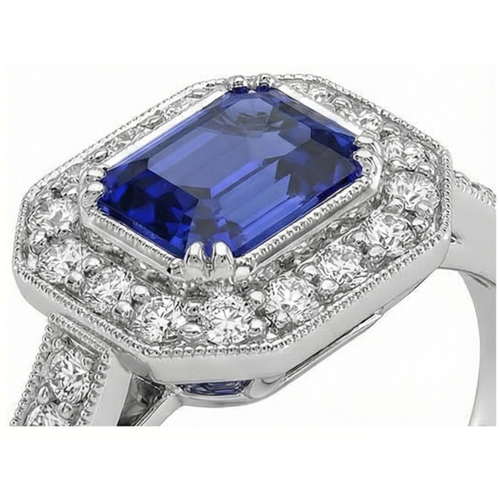 Gold Halo Emerald Shaped Sri Lankan Sapphire Natural Earth Mined Diamond ( Not Lab Grown ) Ring 3.50 Carats