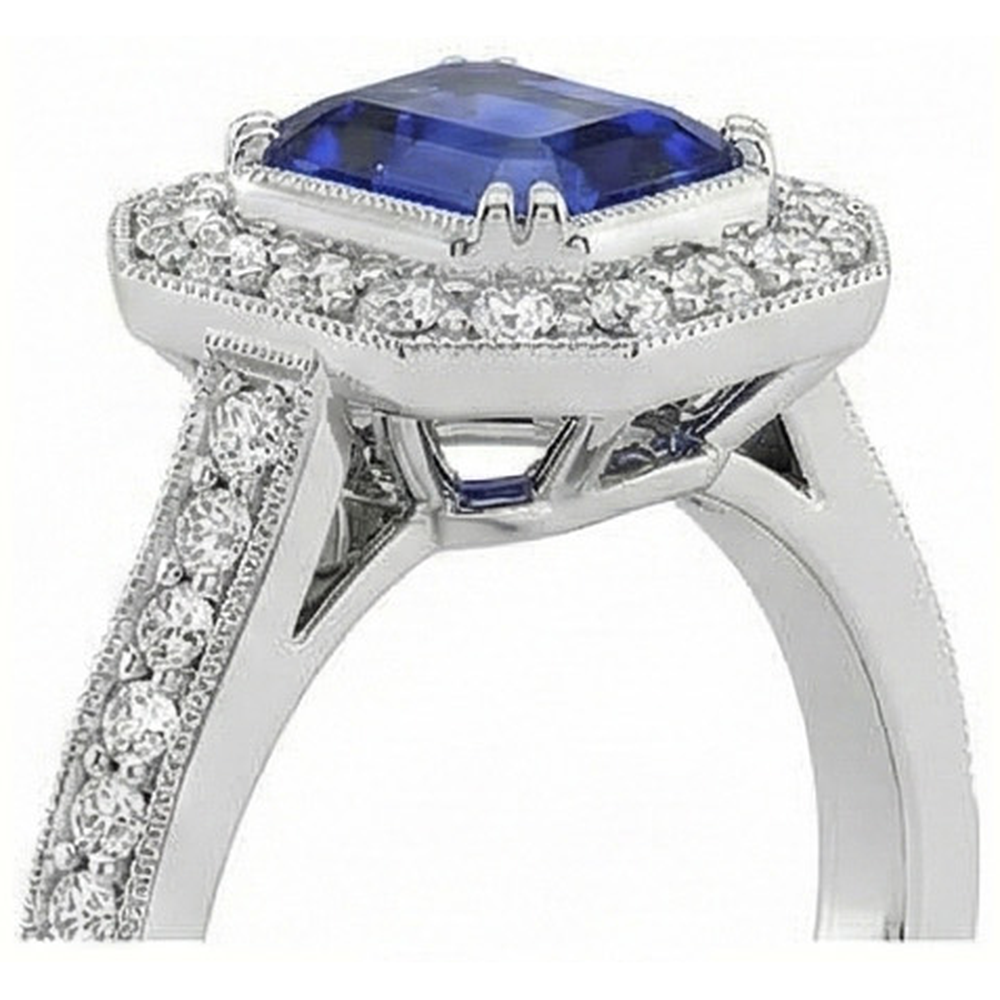 Gold Halo Emerald Shaped Sri Lankan Sapphire Natural Earth Mined Diamond ( Not Lab Grown ) Ring 3.50 Carats