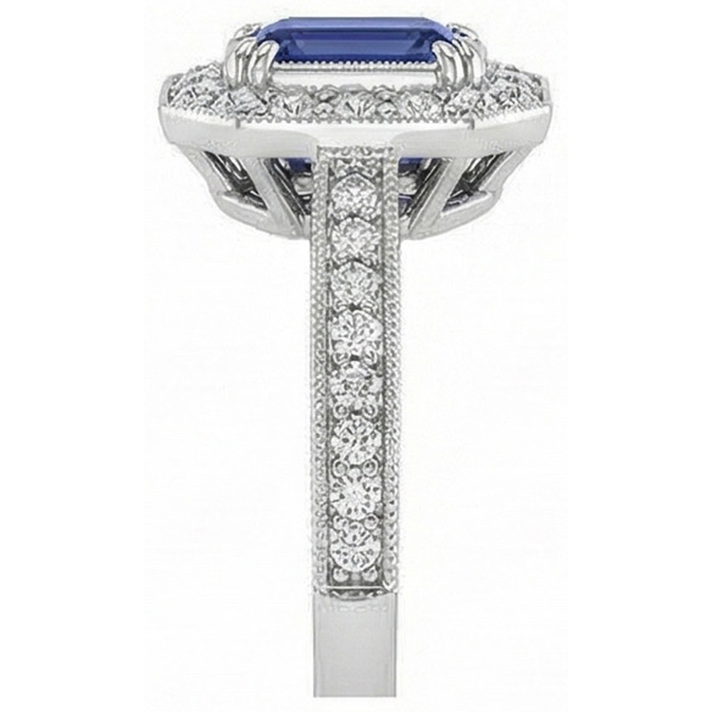 Gold Halo Emerald Shaped Sri Lankan Sapphire Natural Earth Mined Diamond ( Not Lab Grown ) Ring 3.50 Carats