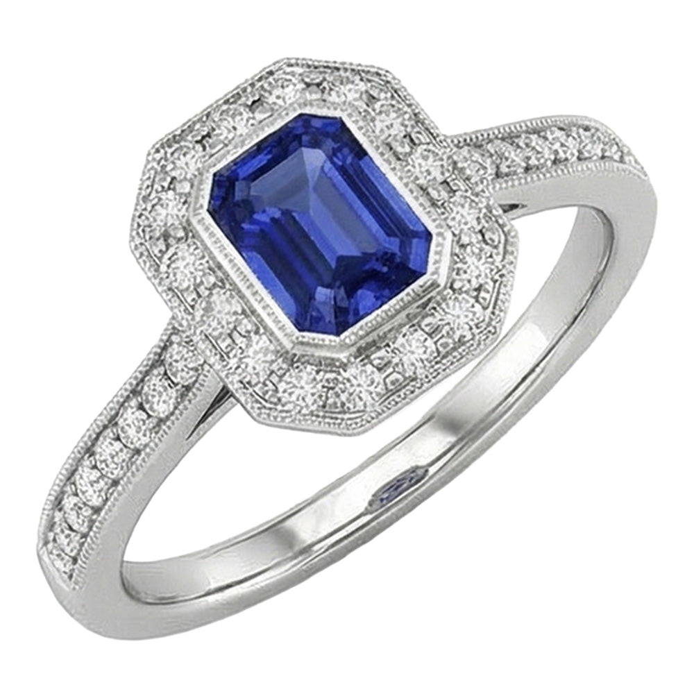 Gold Halo Emerald Shaped Sri Lankan Sapphire Natural Earth Mined Diamond ( Not Lab Grown ) Ring 3.50 Carats