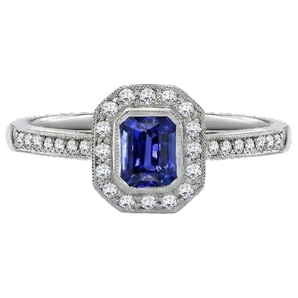 Gold Halo Emerald Shaped Sri Lankan Sapphire Natural Earth Mined Diamond ( Not Lab Grown ) Ring 3.50 Carats