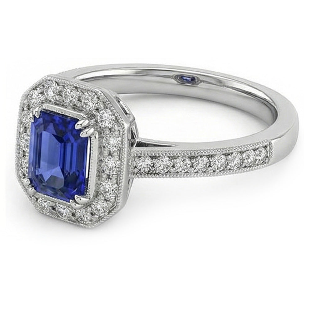 Gold Halo Emerald Shaped Sri Lankan Sapphire Natural Earth Mined Diamond ( Not Lab Grown ) Ring 3.50 Carats