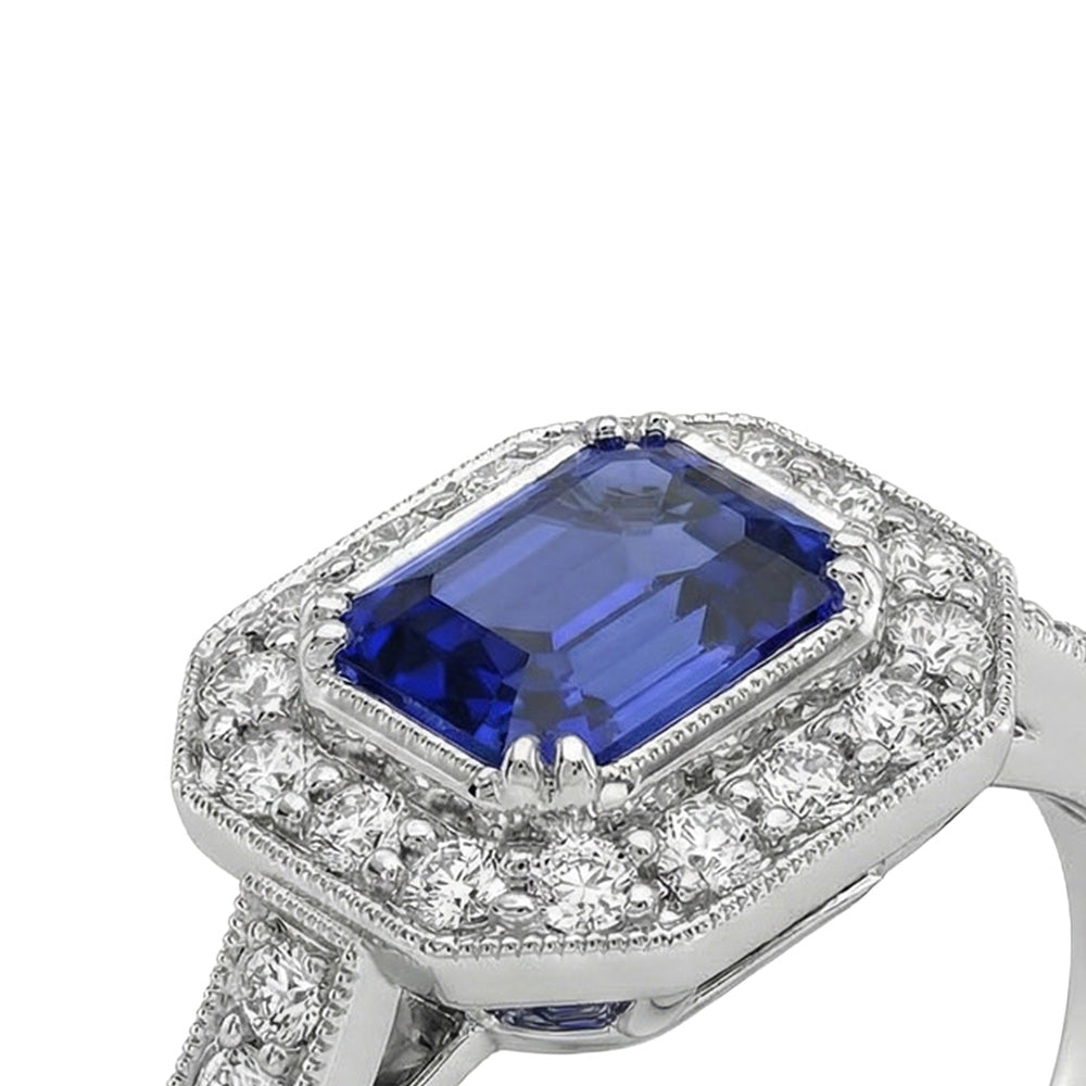 Gold Halo Emerald Shaped Sri Lankan Sapphire Natural Earth Mined Diamond ( Not Lab Grown ) Ring 3.50 Carats