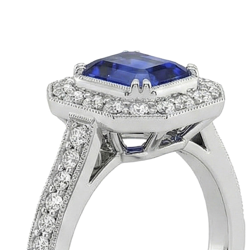 Gold Halo Emerald Shaped Sri Lankan Sapphire Natural Earth Mined Diamond ( Not Lab Grown ) Ring 3.50 Carats