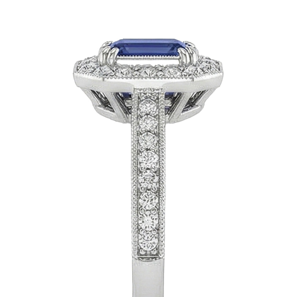 Gold Halo Emerald Shaped Sri Lankan Sapphire Natural Earth Mined Diamond ( Not Lab Grown ) Ring 3.50 Carats