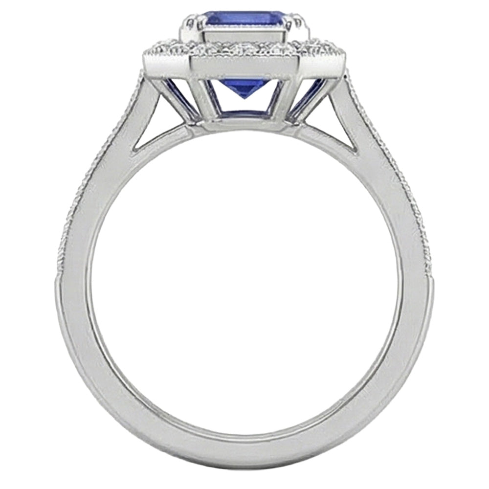 Gold Halo Emerald Shaped Sri Lankan Sapphire Natural Earth Mined Diamond ( Not Lab Grown ) Ring 3.50 Carats