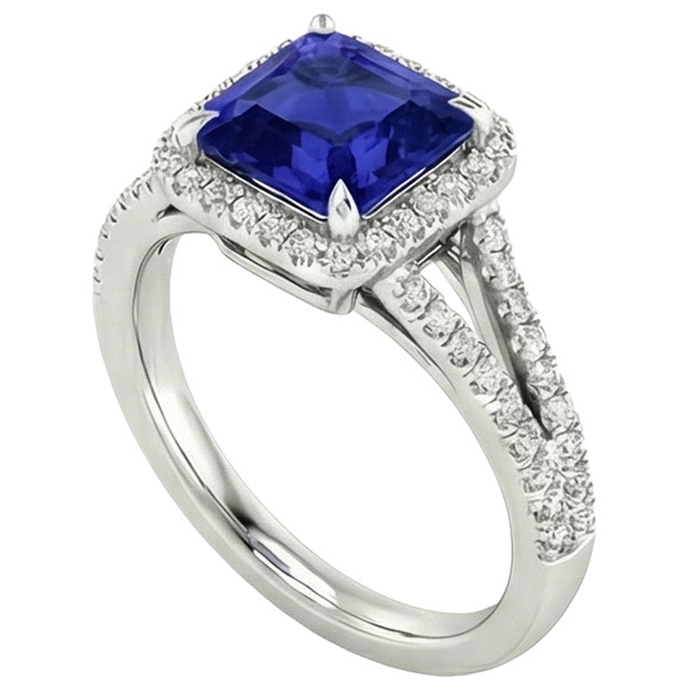 Gold Halo Natural Earth Mined Diamond ( Not Lab Grown ) Engagement Ring 3.25 Carats Asscher Blue Sapphire