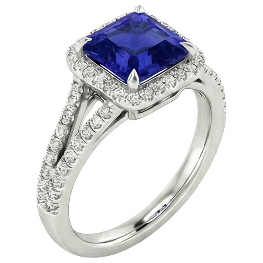 Gold Halo Natural Earth Mined Diamond ( Not Lab Grown ) Engagement Ring 3.25 Carats Asscher Blue Sapphire