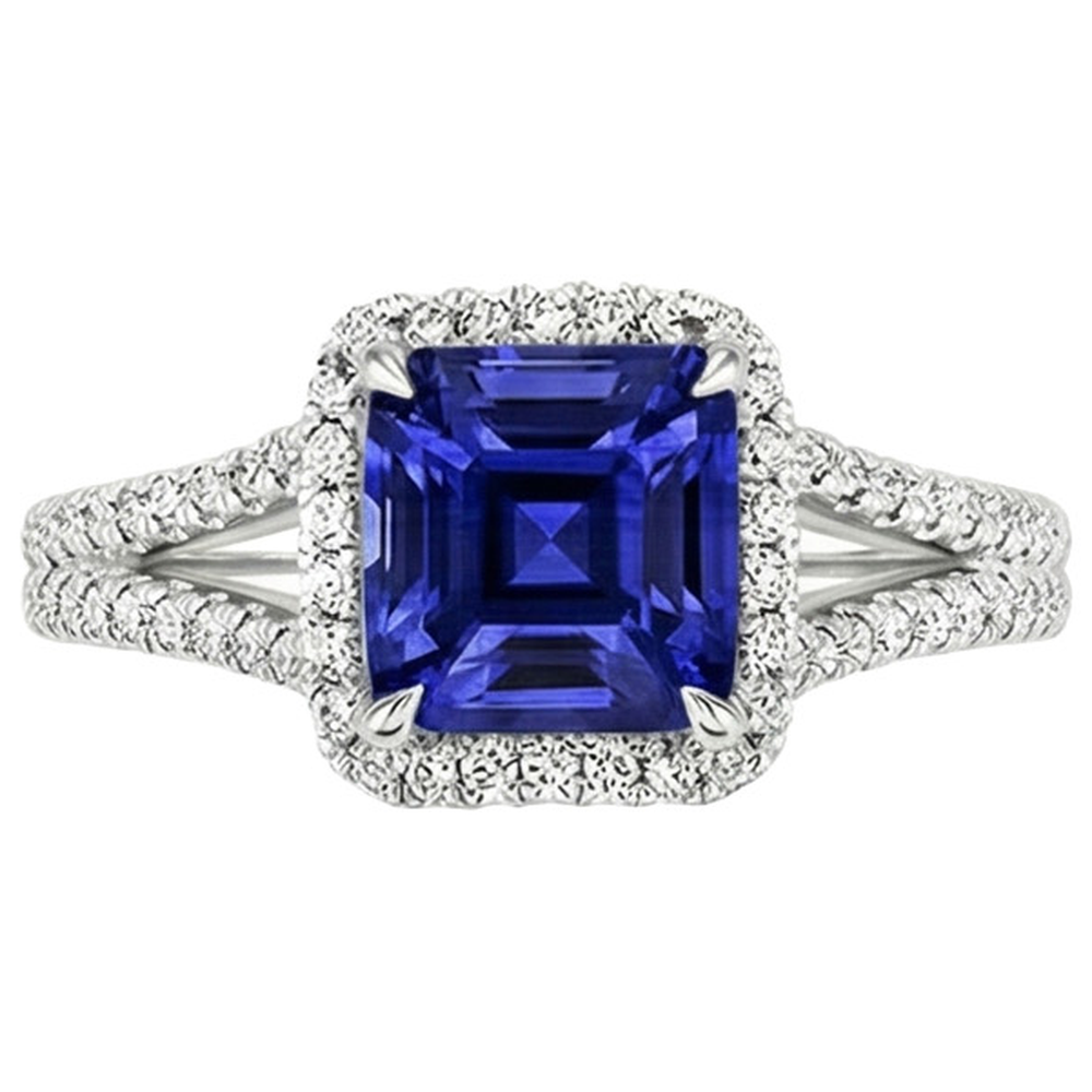 Gold Halo Natural Earth Mined Diamond ( Not Lab Grown ) Engagement Ring 3.25 Carats Asscher Blue Sapphire