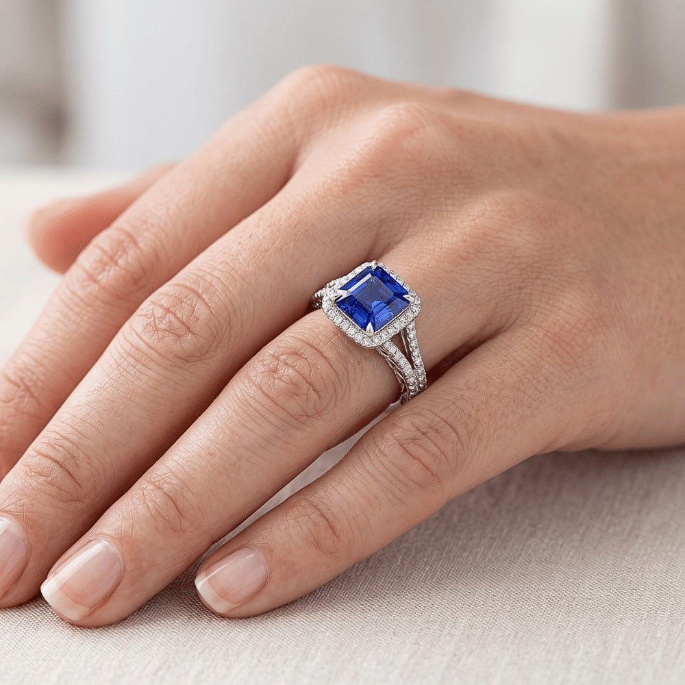 Gold Halo Natural Earth Mined Diamond ( Not Lab Grown ) Engagement Ring 3.25 Carats Asscher Blue Sapphire