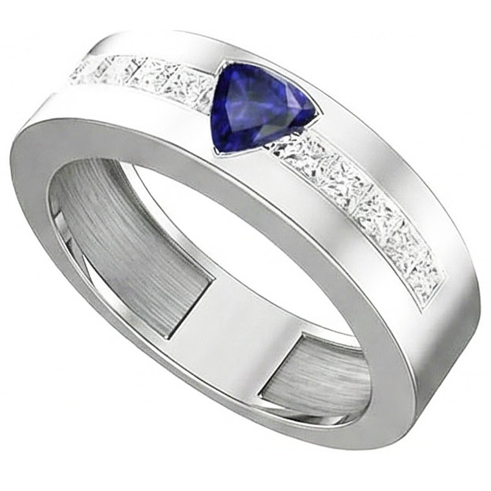 Gold Men's Ring Trillion Sapphire 2 Carats Channel Set Natural Earth Mined Diamond ( Not Lab Grown )s