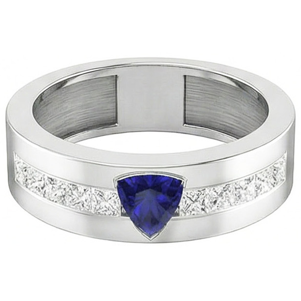 Gold Men's Ring Trillion Sapphire 2 Carats Channel Set Natural Earth Mined Diamond ( Not Lab Grown )s