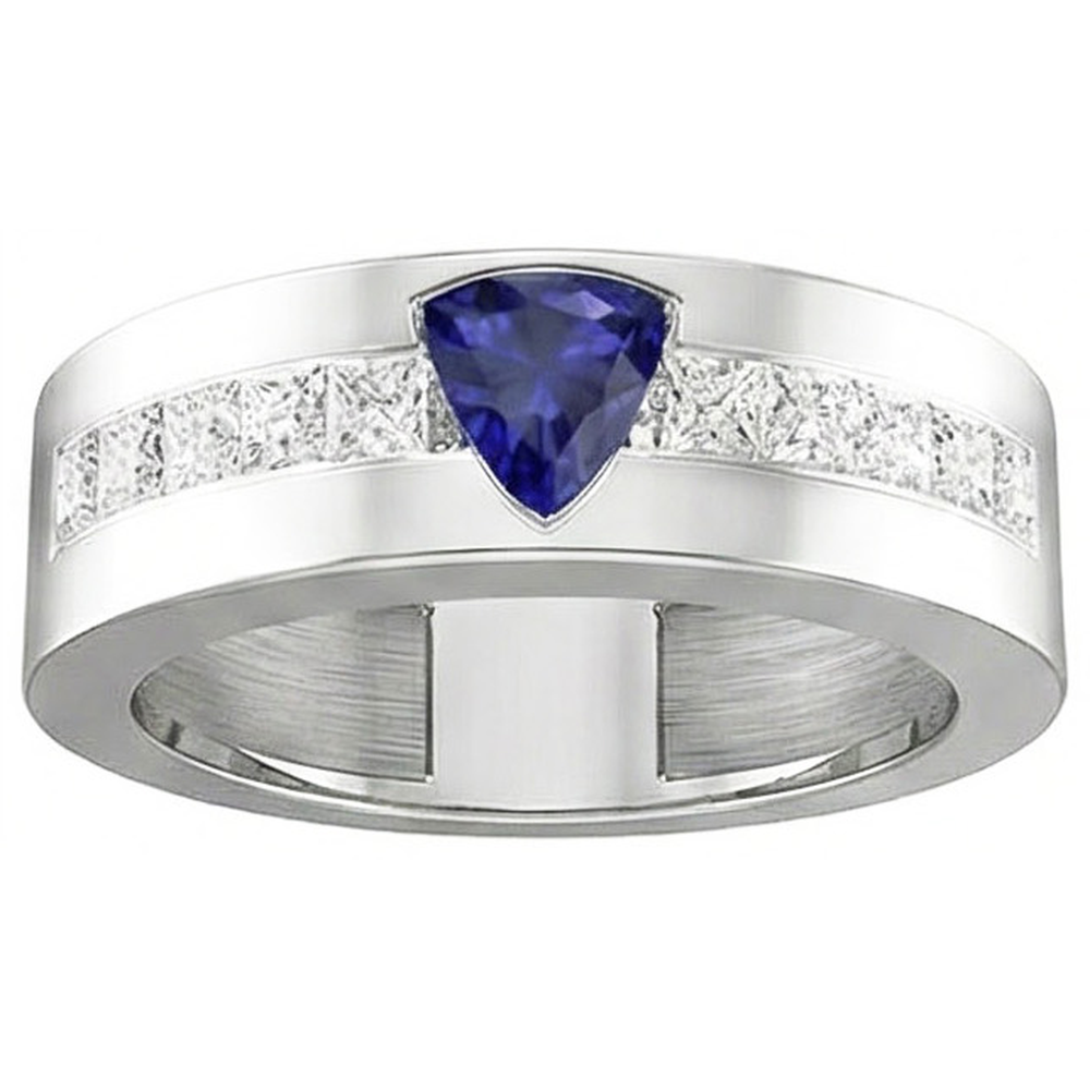 Gold Men's Ring Trillion Sapphire 2 Carats Channel Set Natural Earth Mined Diamond ( Not Lab Grown )s