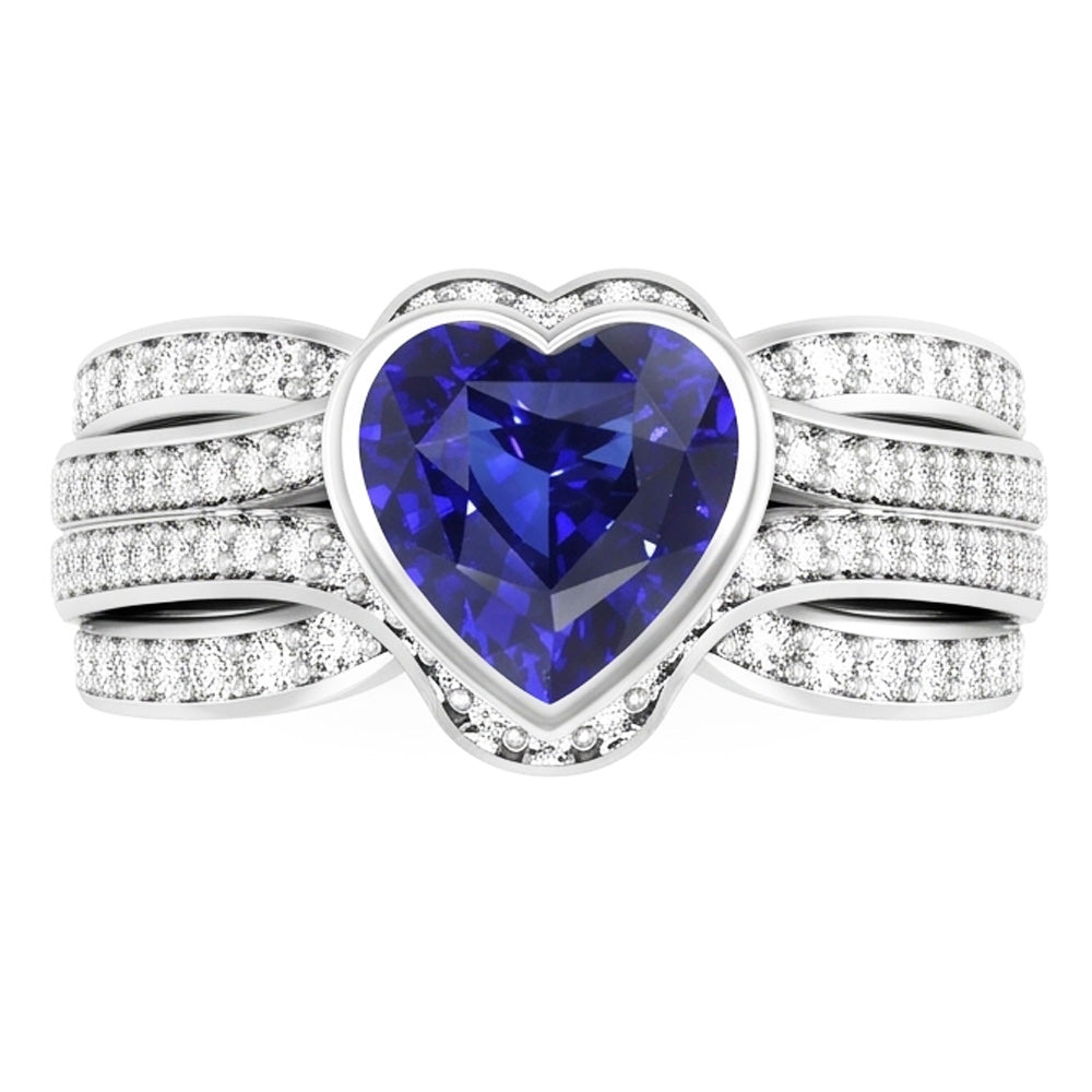 Gold Natural Earth Mined Diamond ( Not Lab Grown ) Sapphire Ring With Jacket 4.50 Carats Bezel & Pave Set