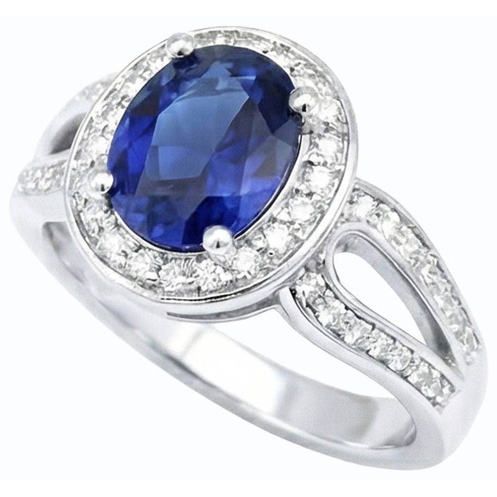 Gold Oval Halo Ring SriLanka Sapphire Split Shank & Natural Earth Mined Diamond ( Not Lab Grown )s 4 Carats