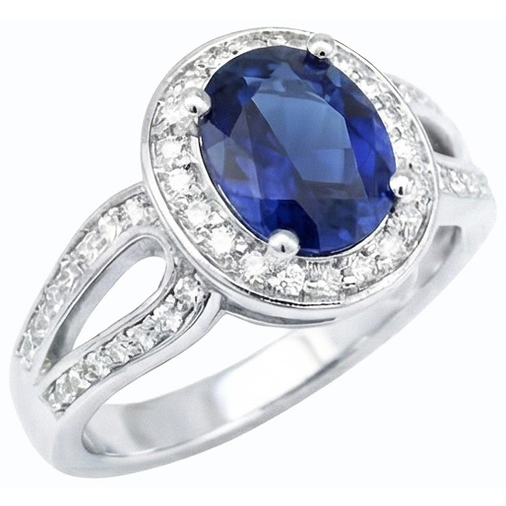 Gold Oval Halo Ring SriLanka Sapphire Split Shank & Natural Earth Mined Diamond ( Not Lab Grown )s 4 Carats