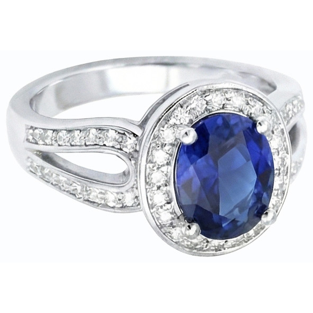 Gold Oval Halo Ring SriLanka Sapphire Split Shank & Natural Earth Mined Diamond ( Not Lab Grown )s 4 Carats