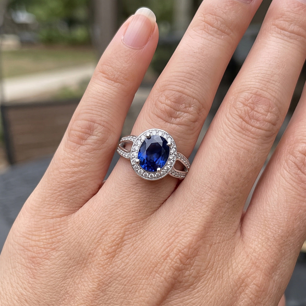 Gold Oval Halo Ring SriLanka Sapphire Split Shank & Natural Earth Mined Diamond ( Not Lab Grown )s 4 Carats