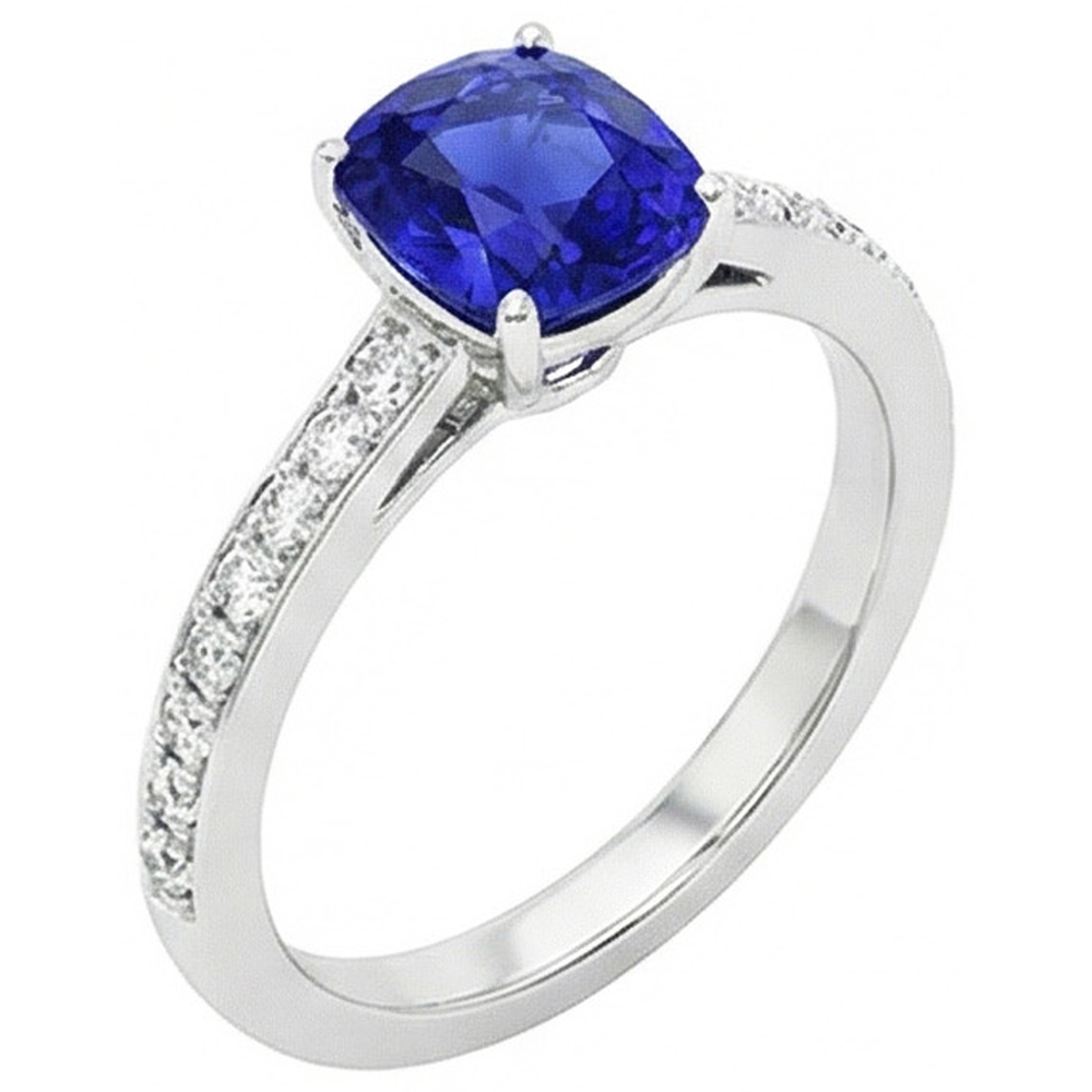 Gold Solitaire Blue Sapphire Ring With Round Natural Earth Mined Diamond ( Not Lab Grown ) Accents 6 Carats