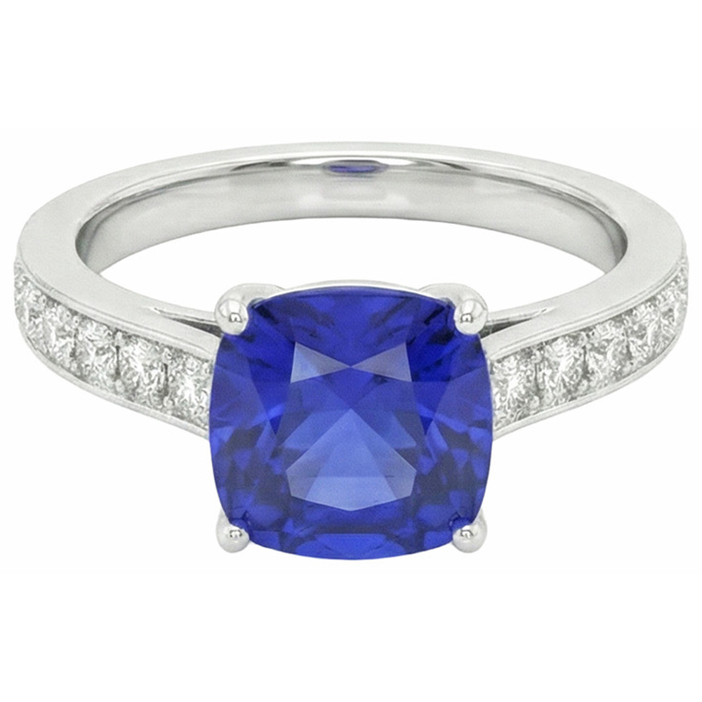 Gold Solitaire Blue Sapphire Ring With Round Natural Earth Mined Diamond ( Not Lab Grown ) Accents 6 Carats
