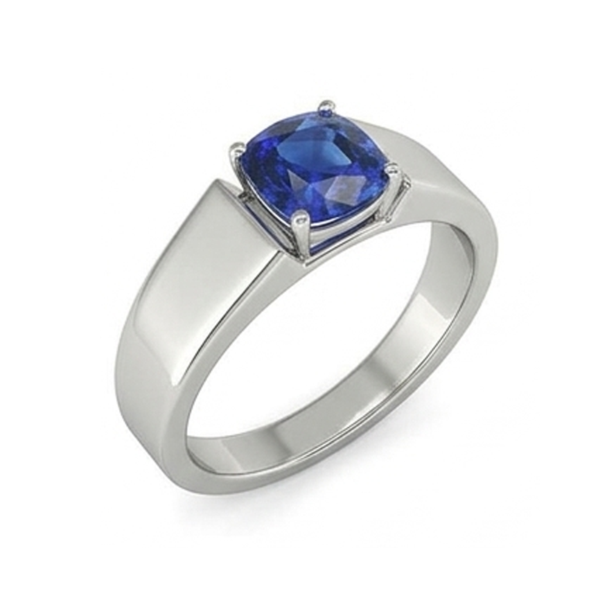 Gold Solitaire Cushion Ceylon Sapphire Gents Ring 1.50 Ct Jewelry