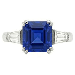 Gold Three Stone Asscher Sapphire Ring 2.50 Carats Baguette Natural Earth Mined Diamond ( Not Lab Grown )s