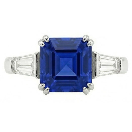 Gold Three Stone Asscher Sapphire Ring 2.50 Carats Baguette Natural Earth Mined Diamond ( Not Lab Grown )s