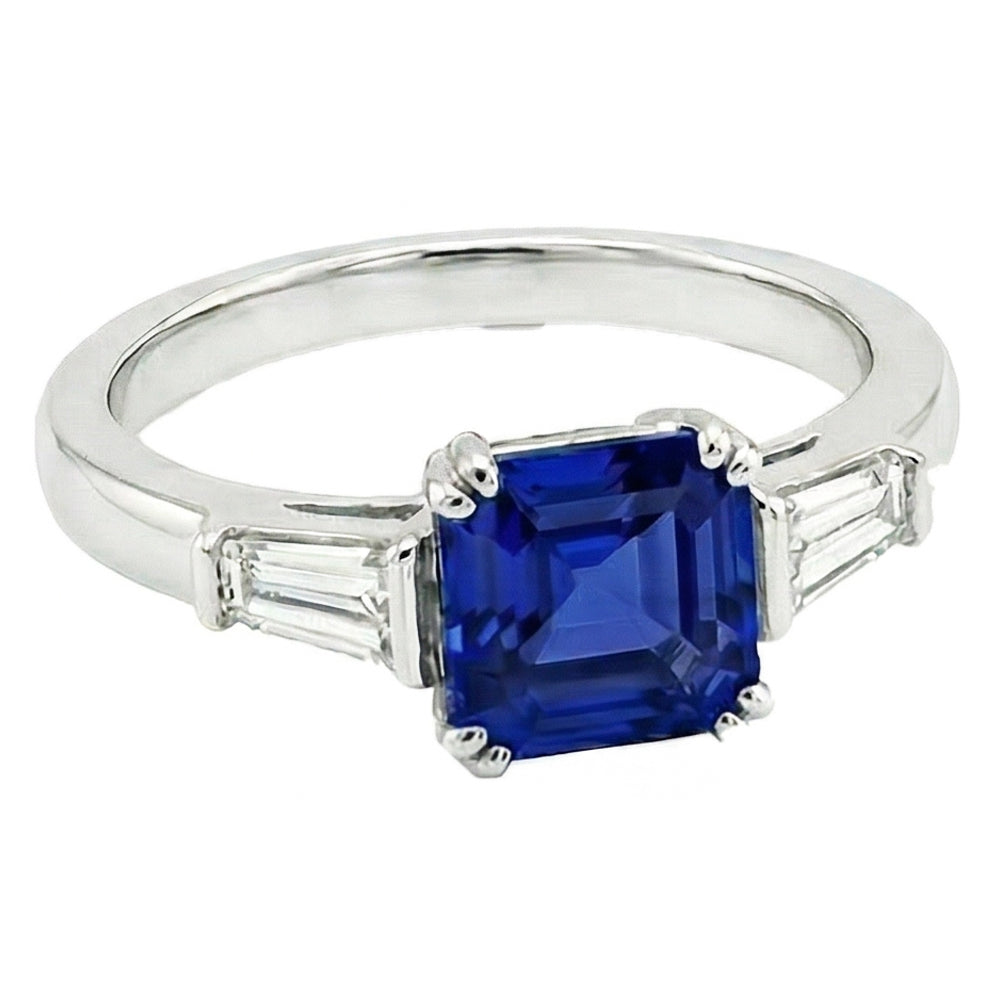 Gold Three Stone Asscher Sapphire Ring 2.50 Carats Baguette Natural Earth Mined Diamond ( Not Lab Grown )s