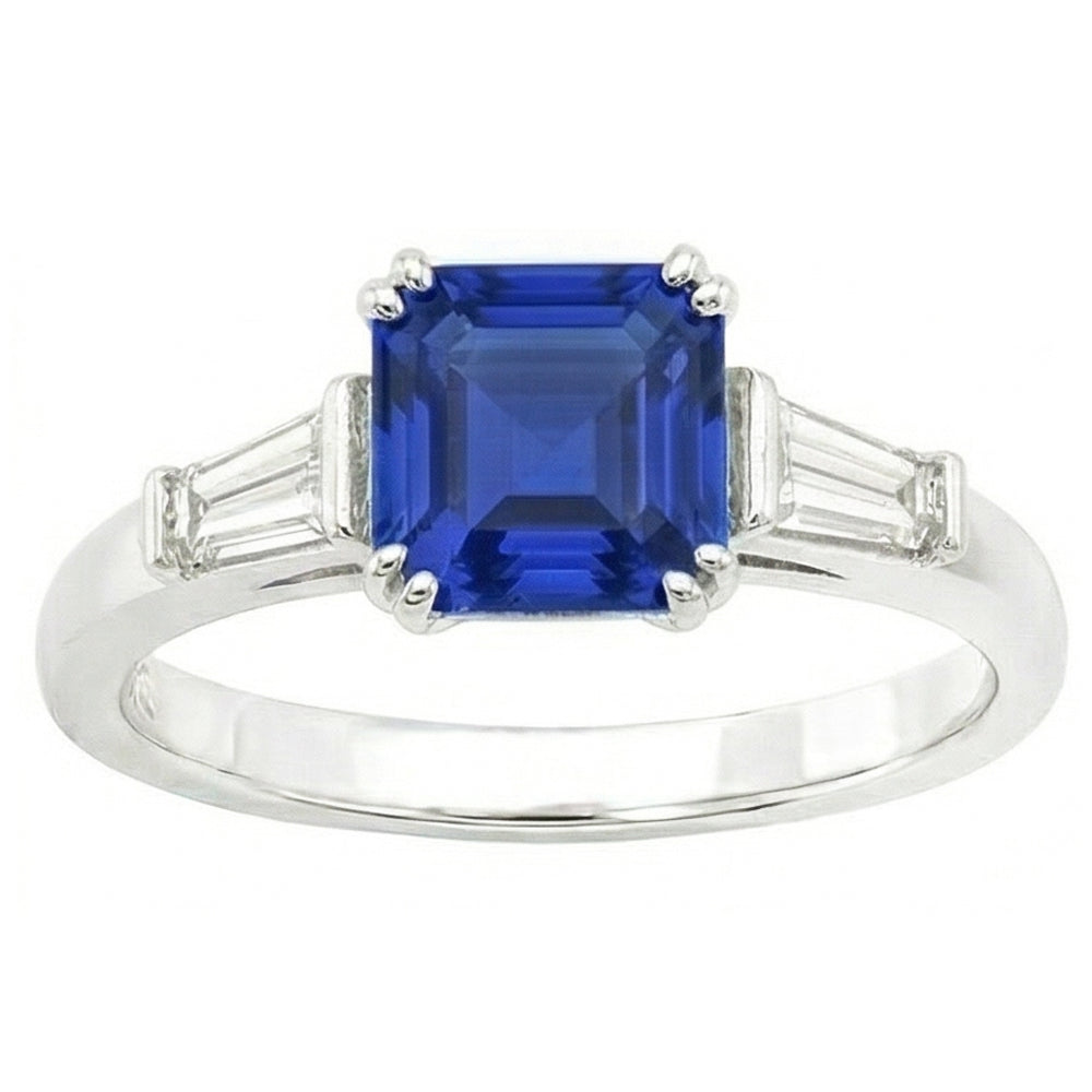 Gold Three Stone Asscher Sapphire Ring 2.50 Carats Baguette Natural Earth Mined Diamond ( Not Lab Grown )s