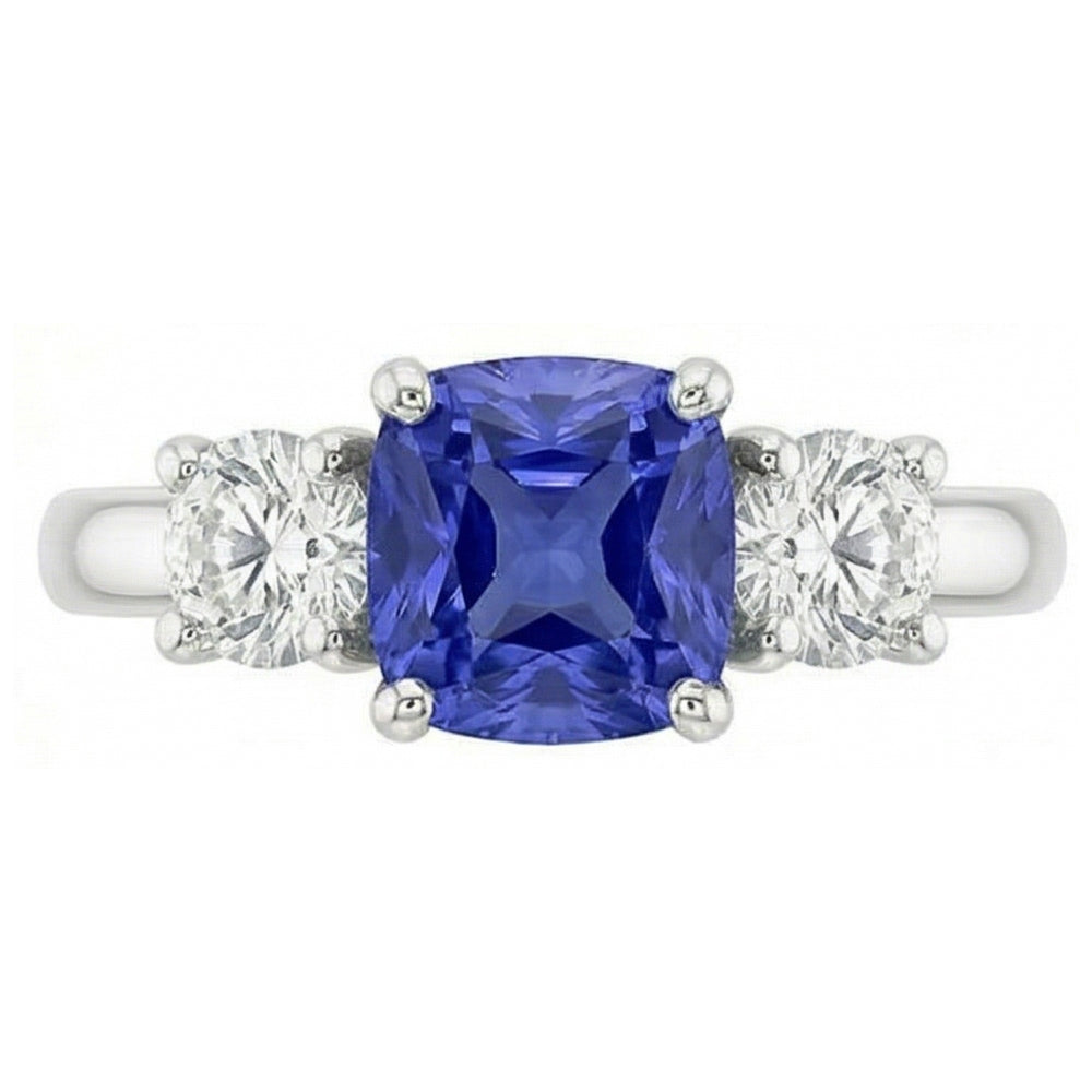 Gold Three Stone Engagement Ring Radiant Sapphire 2 Carat Natural Earth Mined Diamond ( Not Lab Grown )s