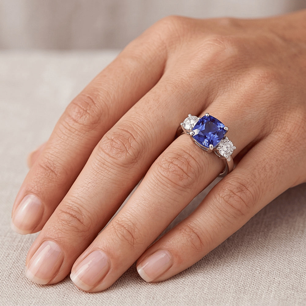 Gold Three Stone Engagement Ring Radiant Sapphire 2 Carat Natural Earth Mined Diamond ( Not Lab Grown )s