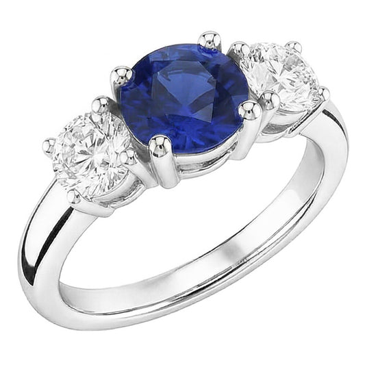 Gold Three Stone Round Natural Earth Mined Diamond ( Not Lab Grown ) Ring Ceylon Sapphire 2.50 Carats