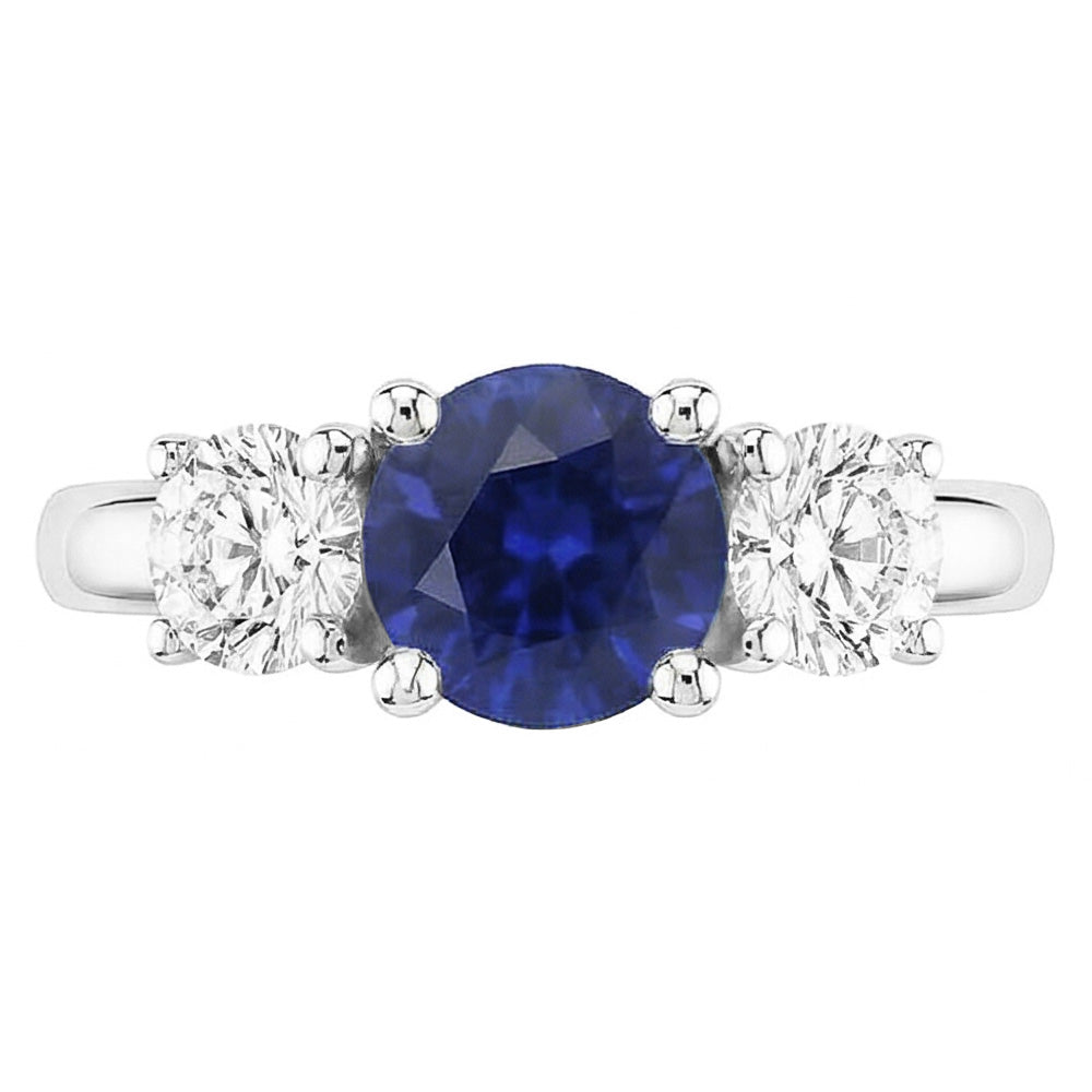 Gold Three Stone Round Natural Earth Mined Diamond ( Not Lab Grown ) Ring Ceylon Sapphire 2.50 Carats