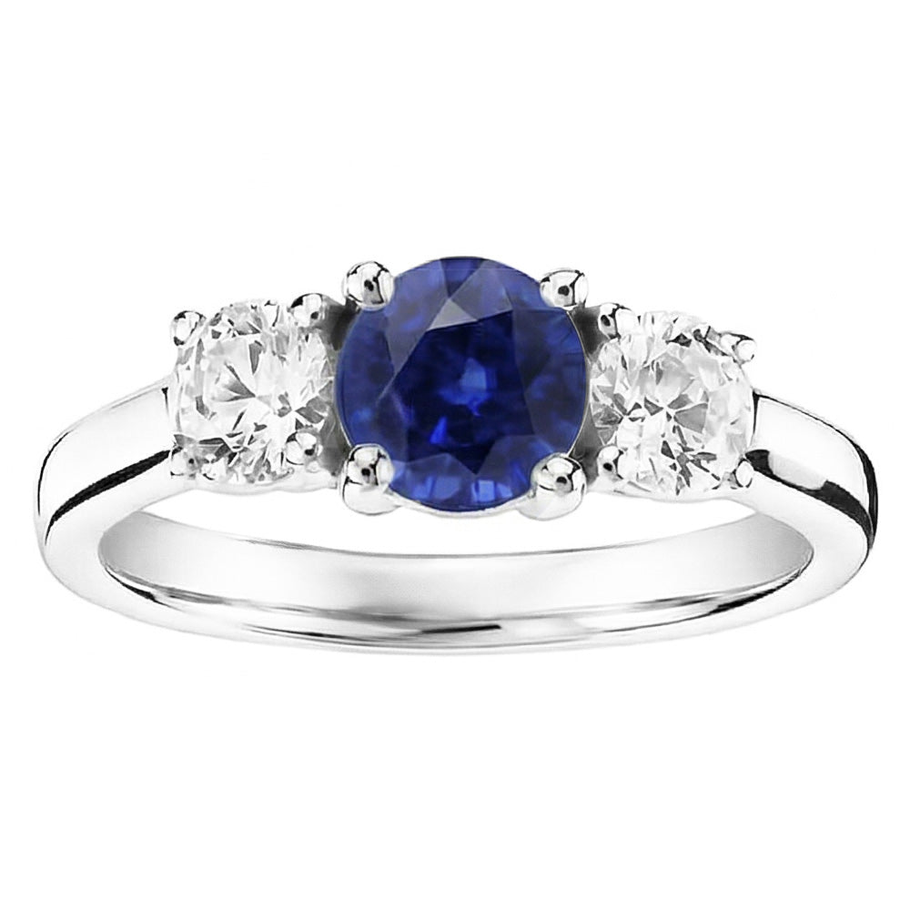 Gold Three Stone Round Natural Earth Mined Diamond ( Not Lab Grown ) Ring Ceylon Sapphire 2.50 Carats