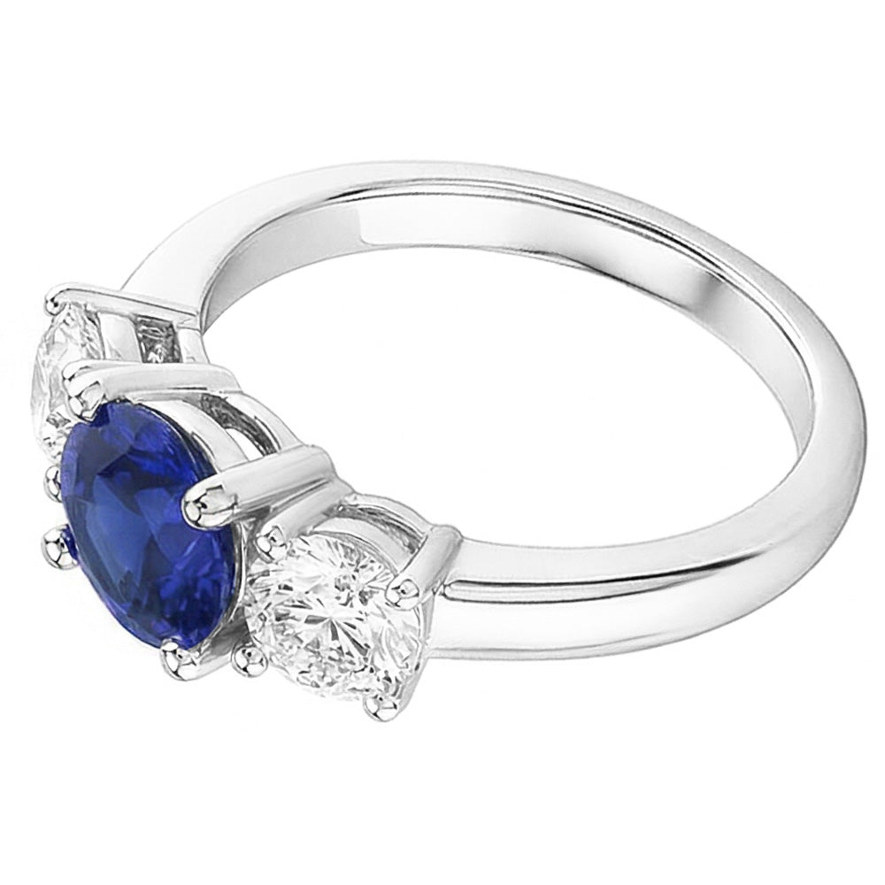 Gold Three Stone Round Natural Earth Mined Diamond ( Not Lab Grown ) Ring Ceylon Sapphire 2.50 Carats