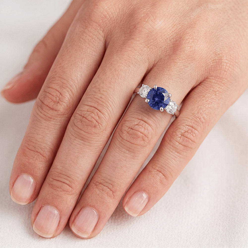 Gold Three Stone Round Natural Earth Mined Diamond ( Not Lab Grown ) Ring Ceylon Sapphire 2.50 Carats