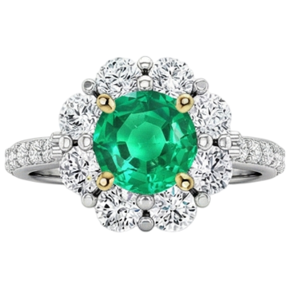 Emerald Round Cut Gemstone Ring in Two-Tone 14K Gold – front view