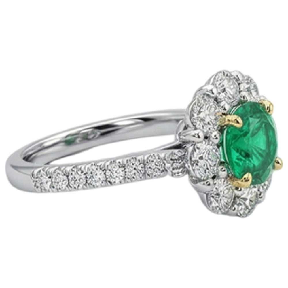 Emerald Round Cut Gemstone Ring in Two-Tone 14K Gold – angle view