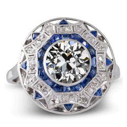 Gold Art Deco Jewelry New Halo Ring Blue Sapphire & Old Cut Real Natural Earth Mined Diamond Star Style