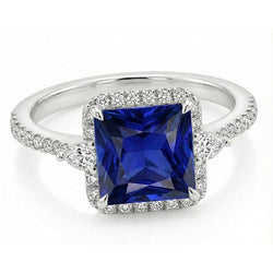 Gold Halo Natural Earth Mined Diamond ( Not Lab Grown ) Ring Princess Blue Sapphire With Accents 6.25 Carats