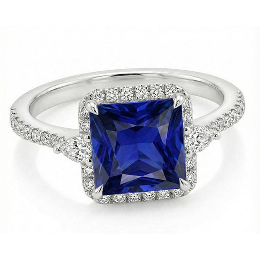 Gold Halo Natural Earth Mined Diamond ( Not Lab Grown ) Ring Princess Blue Sapphire With Accents 6.25 Carats