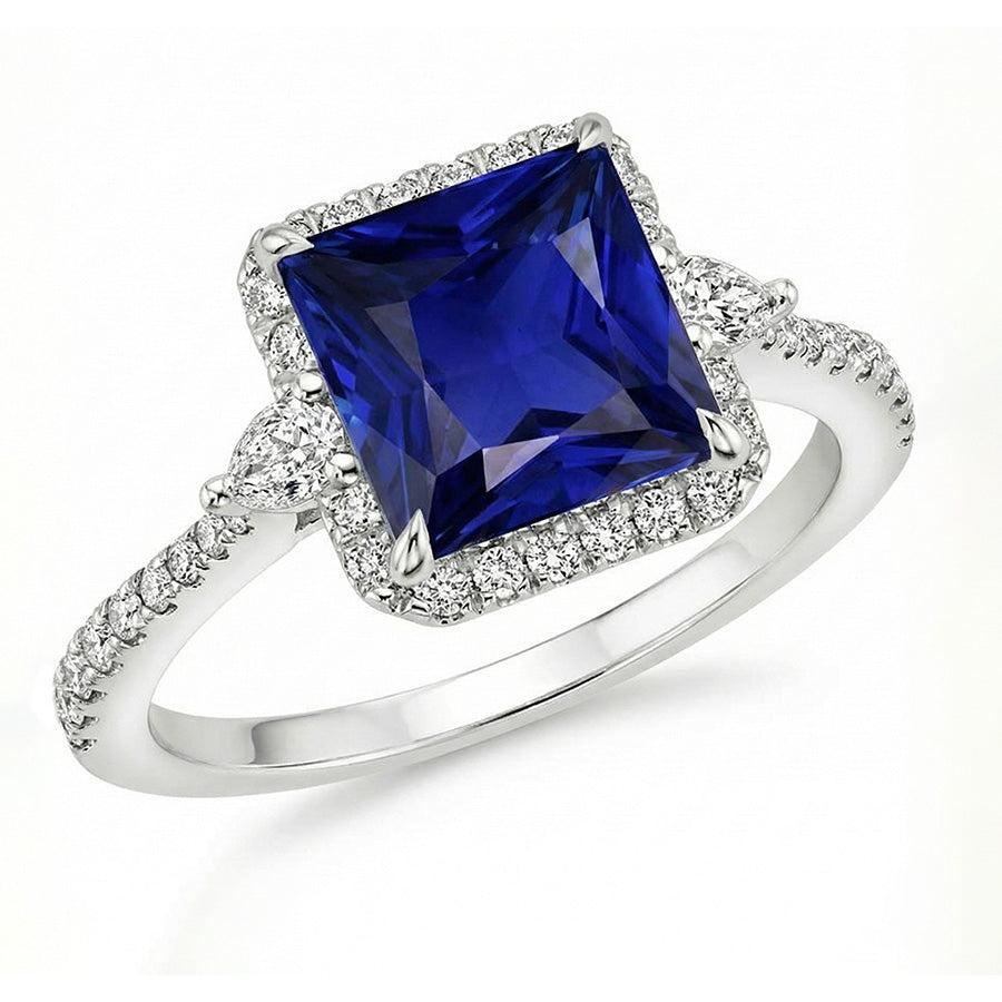 Gold Halo Natural Earth Mined Diamond ( Not Lab Grown ) Ring Princess Blue Sapphire With Accents 6.25 Carats